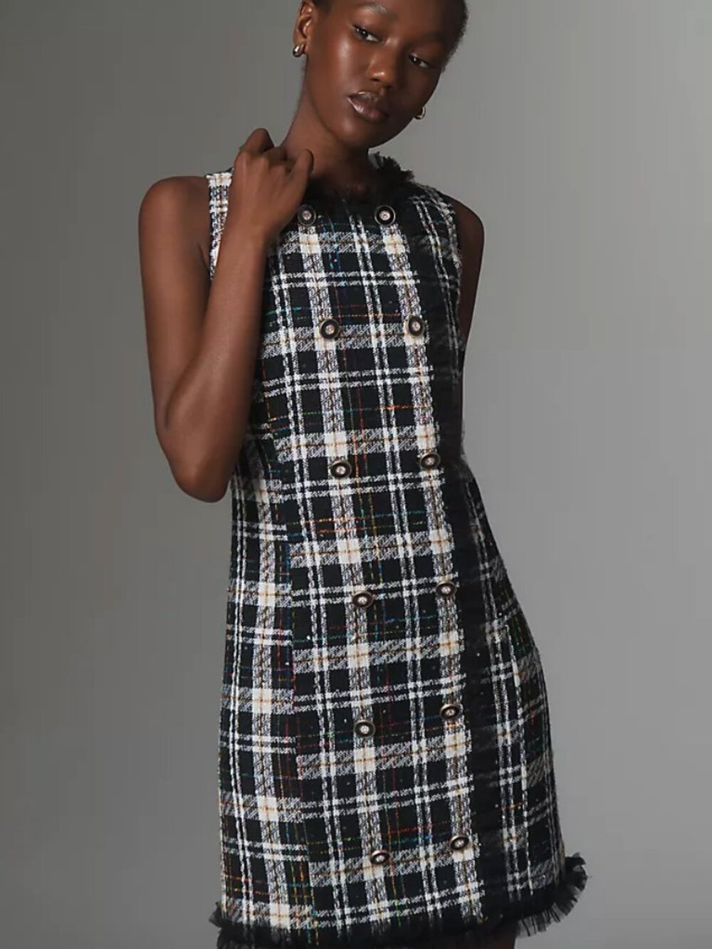 Walter Baker Black Plaid Sleeveless Mini Dress 4 Double Breasted Fringe Hem Prep